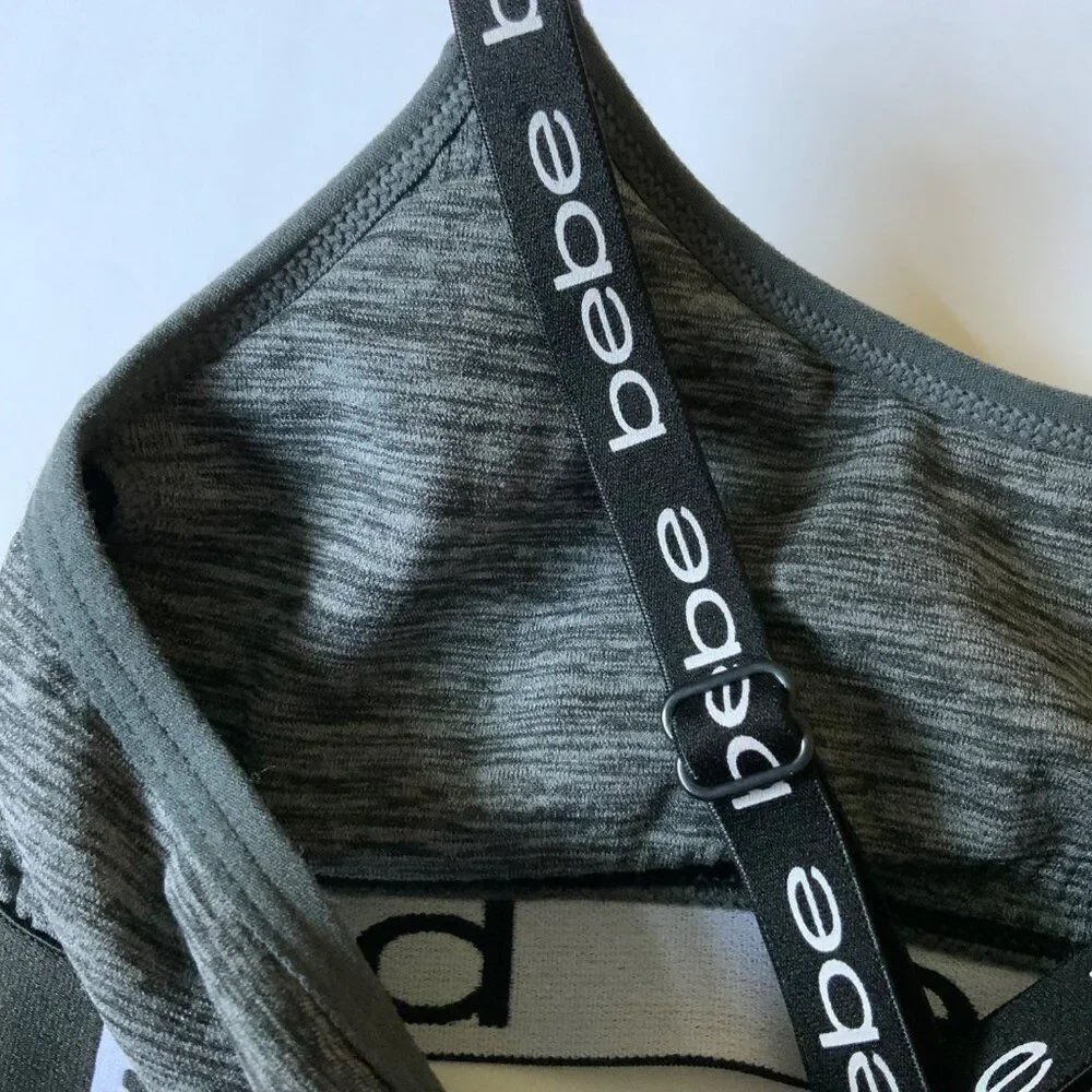 bebe Heathered Grey Black Logo Racerback Sports Bra Size Small